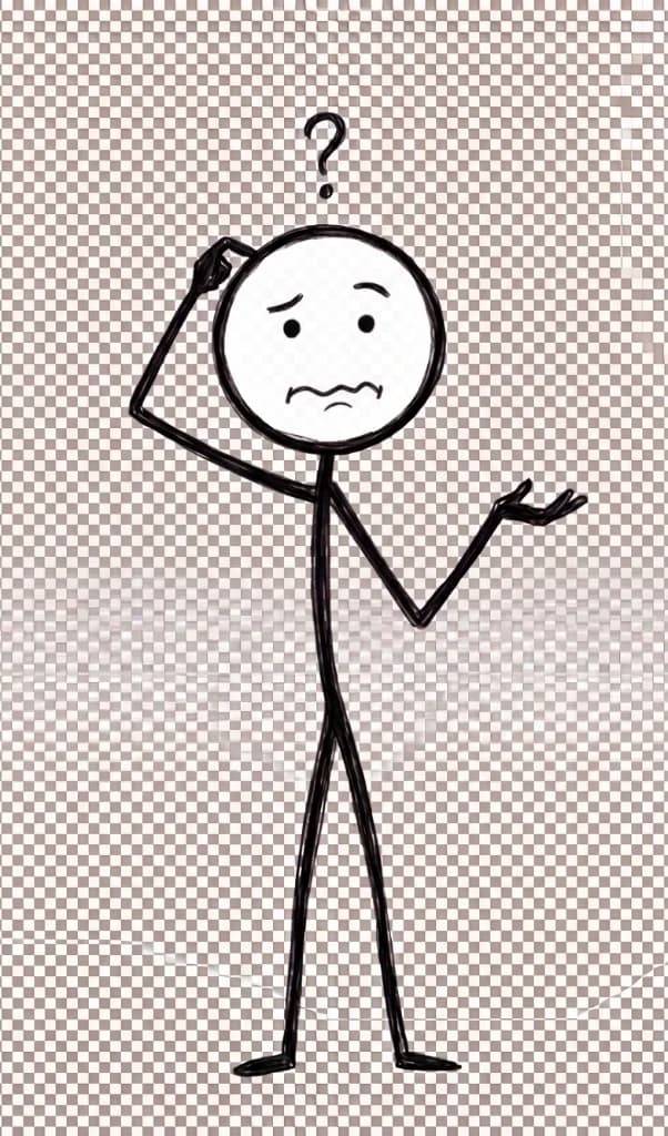 Confused stick figure scratching head with question mark above looking perplexed