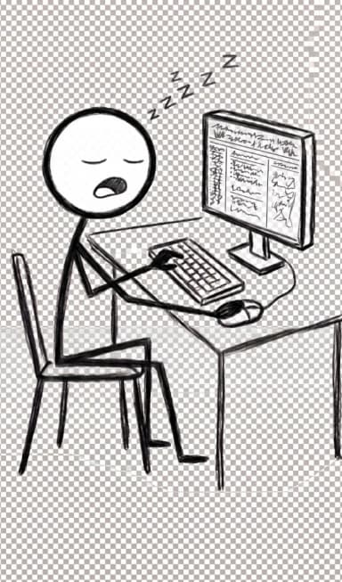 Stick figure falling asleep at computer desk in front of a massive wall of text