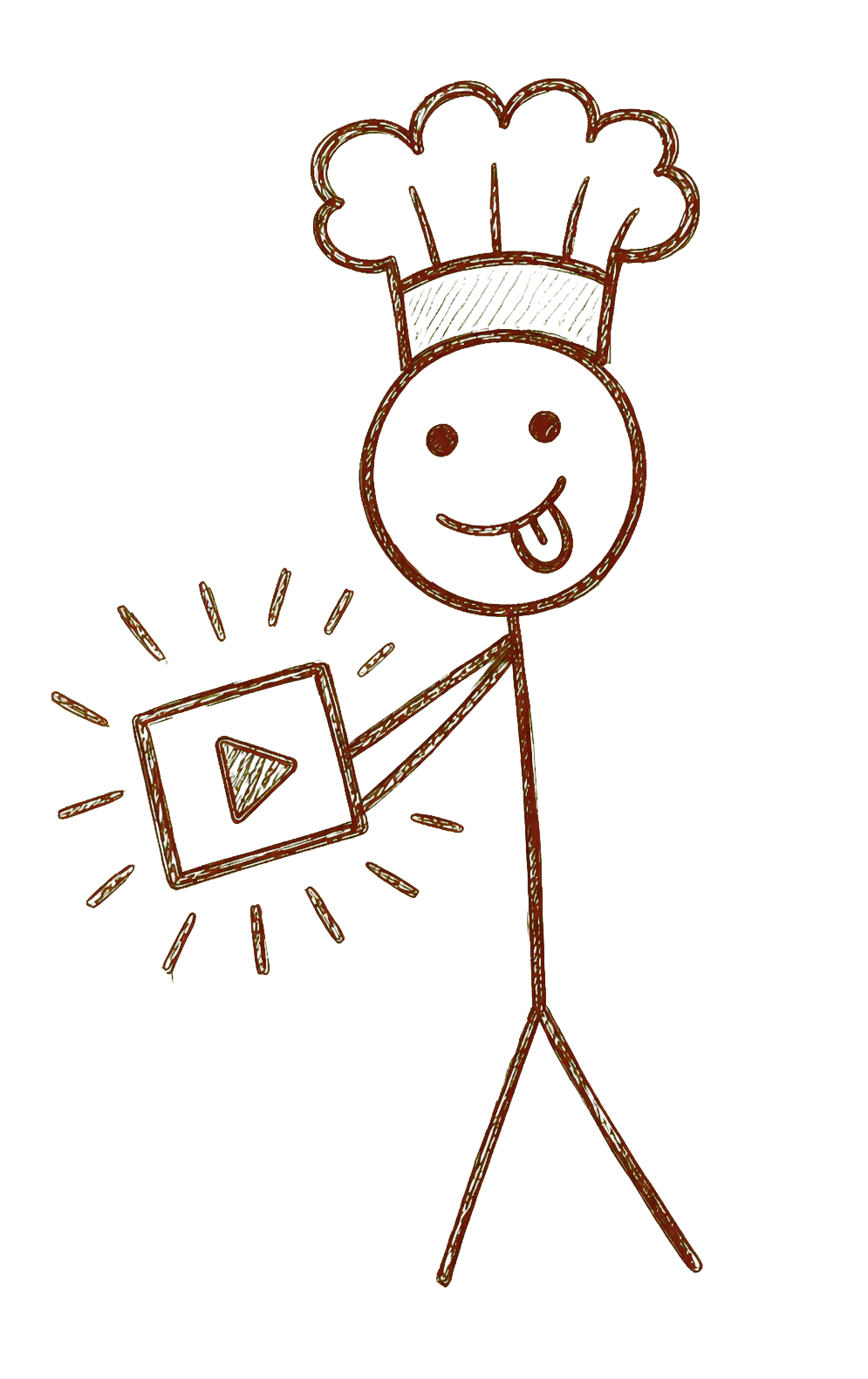 Hand-drawn creator presenting a play button trailer illustration