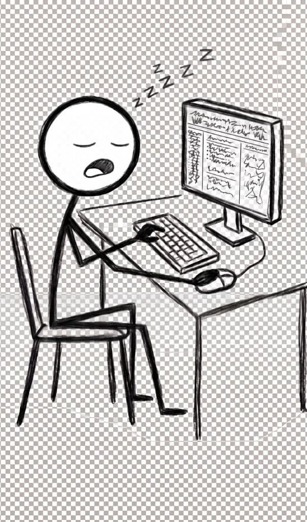 Stick figure falling asleep at computer desk in front of a massive wall of text